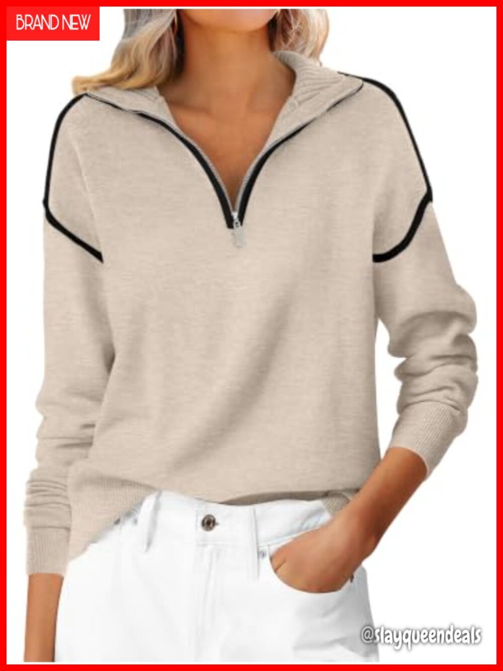 Women's Quarter Zip Sweater Loose Fit Knit V Neck Collared Pullover